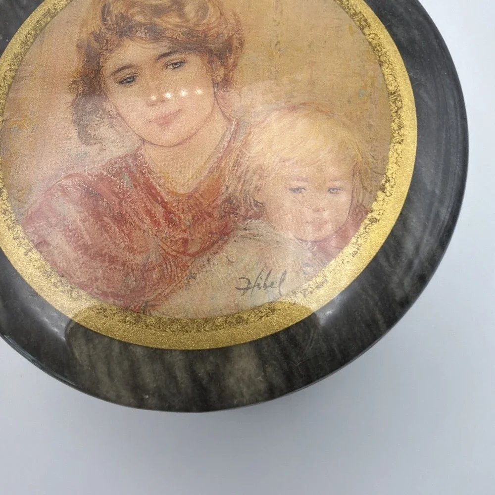 Edna Hibel Signed Trinket Boxes Set 2 Marble Resin Mother Child